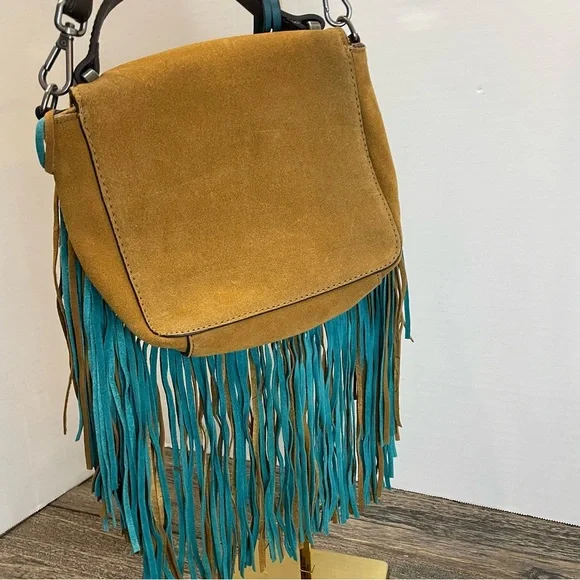 Zara Woman Fringe Suede Crossbody Bag - Tan and Teal. Pre-owned. - Picture 4 of 12